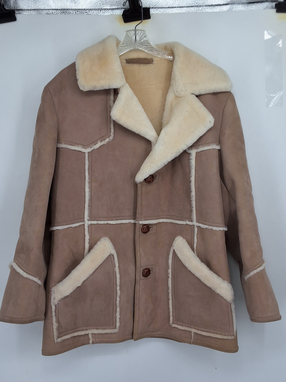 Men's Taupe Shearling-Trim Suede Peacoat